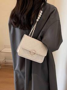 Perle einfarbige Diamant-Stickerei Umhängetasche, lässig klassisch vielseitig für den täglichen Gebrauch, modische personalisierte Tasche, geeignet für tägliches Outfit, Fotos, Einkaufen, Dates, Ausflüge, Reisen, Meer, Strand, tragbar, geeignet für Mädchen, weibliche Studenten, sehr geeignet für Büro, Universität, Mittelschule, Oberschule, Arbeit. - Beige - Übersicht 5