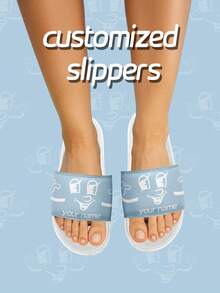 [Customizable Name] Men's Smiling Face Pattern Personalized Slippers, Summer Couples Indoor Anti-Slip Beach Sandals, Customized Slides For Men