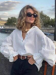 2026 Spring/Summer New Casual Elegant Ruffle Trim Lantern Sleeve Button Front Blouse, Women's Graceful Top, Suitable For Valentine's Day, New Year, Music Festival, Graduation, Summer Holiday, Spring Outfits, Party, Birthday, Beach, Vacation, Casual Wear, Y2K White - White - View 1