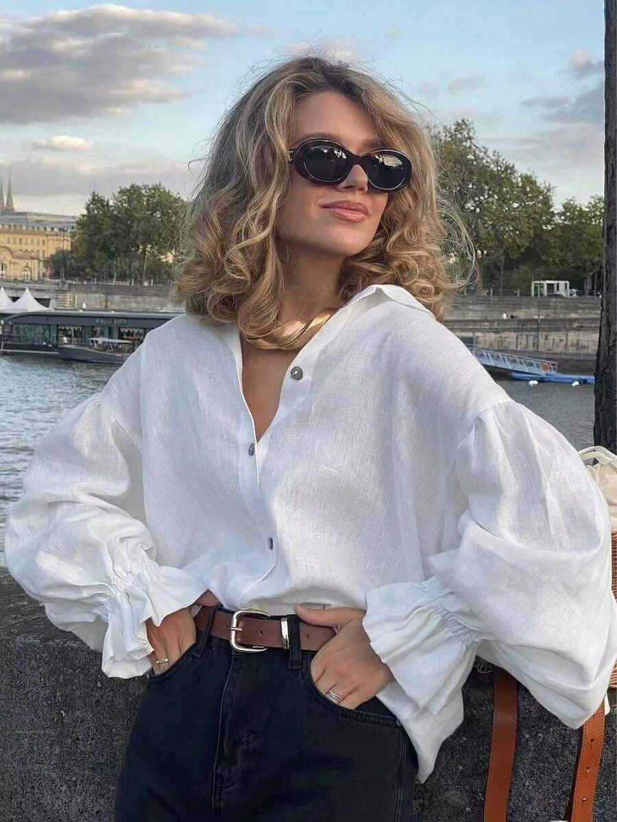 2026 Spring/Summer New Casual Elegant Ruffle Trim Lantern Sleeve Button Front Blouse, Women's Graceful Top, Suitable For Valentine's Day, New Year, Music Festival, Graduation, Summer Holiday, Spring Outfits, Party, Birthday, Beach, Vacation, Casual Wear, Y2K White - White - View 1