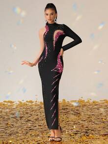 Love Aing Women's Handmade Rhinestone & Colorful Diamond Mesh Splice Slit Contrast Color Elegant Sexy Fitted Cocktail Party Dress, Suitable For Wedding Guest