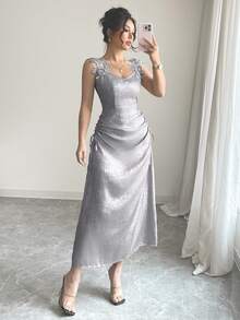 女士优雅晚礼服长裙，饰有蕾丝细节，收腰设计，A字廓形，不对称裙摆和拉链，适合度假、旅行、夏季穿着以及情人节。 - 淡紫色 - 查看 2