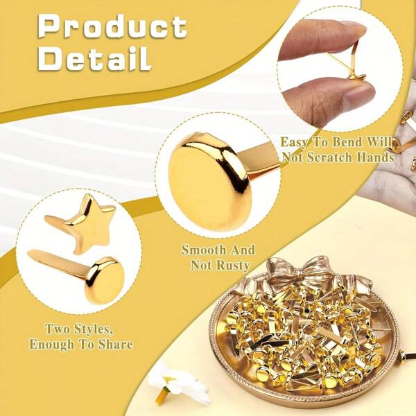 100pcs/200pcs Gold Mini Paper Brads - Smooth Round & Star Shapes - Multipurpose Scrapbooking Decorations & Office Supplies, Suitable For Crafts, DIY Projects And File Organization