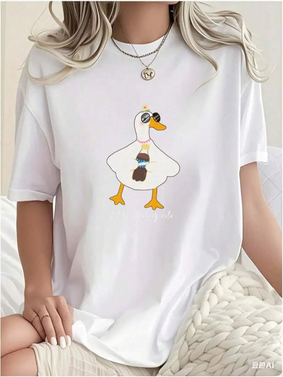 Camiseta de algodón con estampado patito toma soda casual de moda para mujer - Blanco - Ver 1