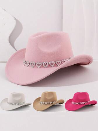 1 pieza Sombrero de vaquero con lentejuelas en forma de corazón para niños, sombrero de Trilby de unicolor, sombrero de vaquero occidental para niñas jóvenes, adecuado para fiestas, reuniones y salidas