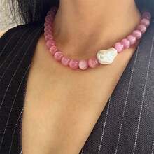 1 szt. Różowy naszyjnik z kamieniami szlachetnymi i perłą barokową, elegancki naszyjnik z koralikami z kamieniami szlachetnymi, damski naszyjnik z grubym łańcuszkiem, duży różowy naszyjnik z koralikami, wspaniały prezent - Różowy - Zobacz 2