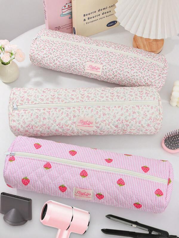 1Pc Pink Strawberry And Floral Pattern Hair Dryer Storage Bags Hair Curler Storage Bags For Travel Portable Hair Dryer Storage Bag Travel Portable Multi Functional Cosmetic Bag Cosmetic Storage Travel Toiletry Bag Handbag Dustproof Large Capacity Electric Curling Wand Straight Plate Clip Protective Cover Hair Dryer Storage