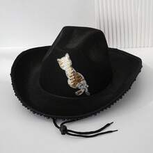 Womens Cowgirl Hat Cute Sequin Cat Western Style Black Pearl Wide Brim Fedora Hat With Adjustable Strap - Black - View 1