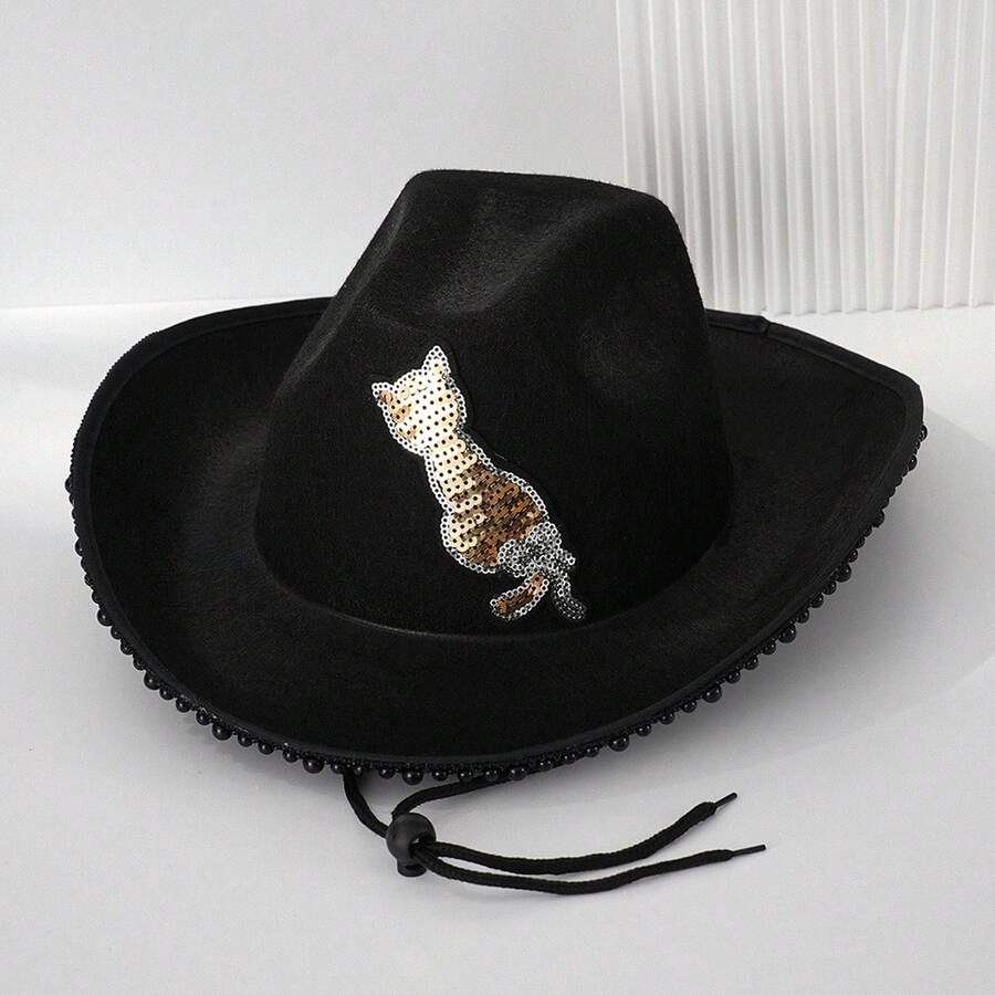 Womens Cowgirl Hat Cute Sequin Cat Western Style Black Pearl Wide Brim Fedora Hat With Adjustable Strap - Black - View 1