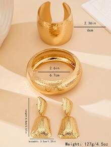 4pcs Vintage Sexy Women'S Jewelry Set, Texture Wide Cuff Bracelet, Open Bangle, And Geometric Stud Earrings, All-Season Gift For Valentine'S Day, Parties, And Daily Wear - Vàng - Xem 6