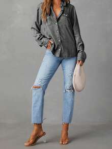 Women's Long Sleeve Jean Shirts Button Down Blouses Denim Shirt Business Casual Loose Tops Streetwear - Màu xám đen - Xem 4