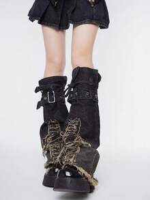 Y2K 复古美式牛仔暖腿套，性感仿皮裤袜，纽扣设计及膝套 - 彩色 - 查看 2