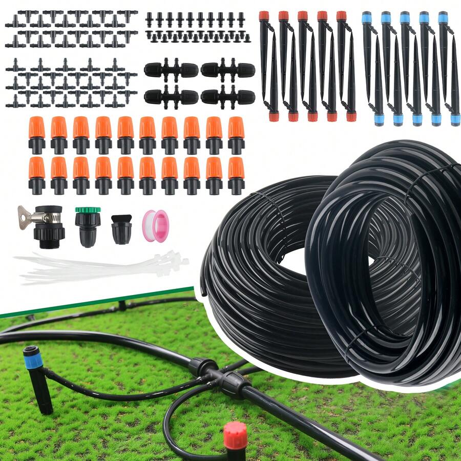 226FT Automatic Drip Irrigation Kit - Effortless Plant Watering System With Adjustable Nozzles And Patio Misting - Perfect For Thriving Gardens And Greenhouses - 黑色 - 查看 1