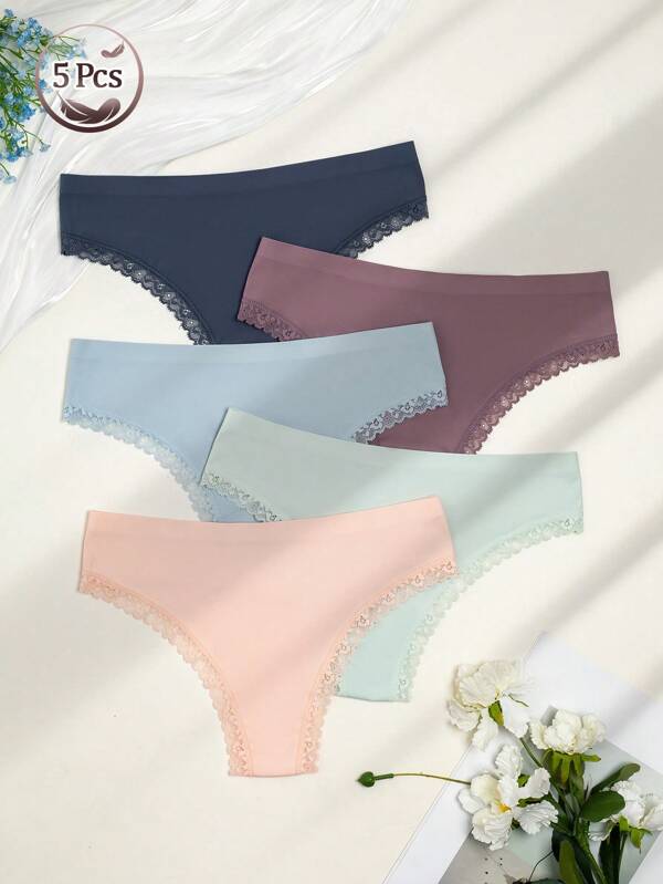 5pcs/Set Women Seamless Thong Panties, Lace Patchwork Design, Cooling, Soft & Comfortable, Low Waist Sexy Fashion Set, Suitable For Dates, Great Gift For Valentine's Day, Christmas, Halloween