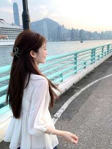 Chiffon French Blouse, Delicate & Graceful Holiday Sweet Doll Shirt, Solid Color - White - View 5