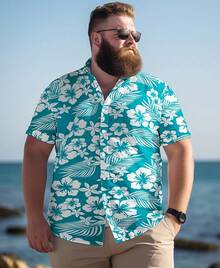 Big And Tall Men's Hawaiian Shirt - Short Sleeve, Tropical Floral Button Down Casual Summer Beach Shirthalloween - 綠色雞蛋花 - 查看 11