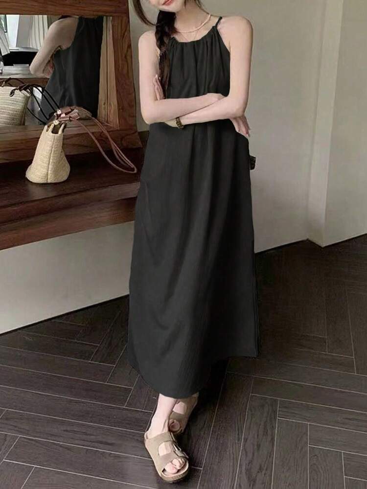 New French Romantic Style Spaghetti Strap Dress, Loose Fit Slimming Long Dress, Elegant Minimalist Casual Dress - Black - View 5