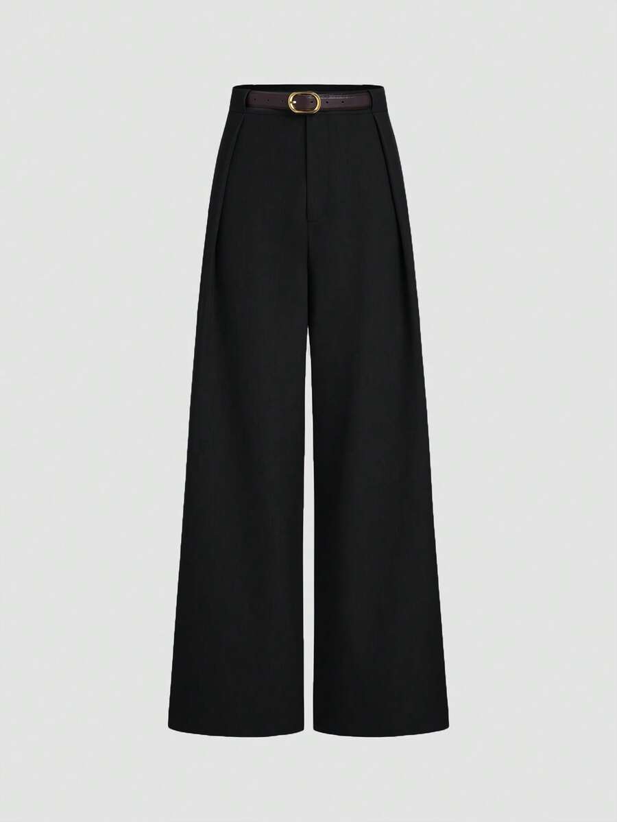 Women's Minimalist Elegant High Waist Flowy Wide Leg Pants, Suitable For Commuting - Black - View 1