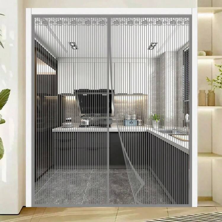 Complete Size Gray Striped Summer Home Mesh Door Curtain & Mosquito Net For Door Opening & Dust-Proof Fabric Bedroom Door Curtain & No-Hole Mesh Door Curtain For Living Room Kitchen Office Fly Insect Prevention & Breathable Divider - Grey - View 3