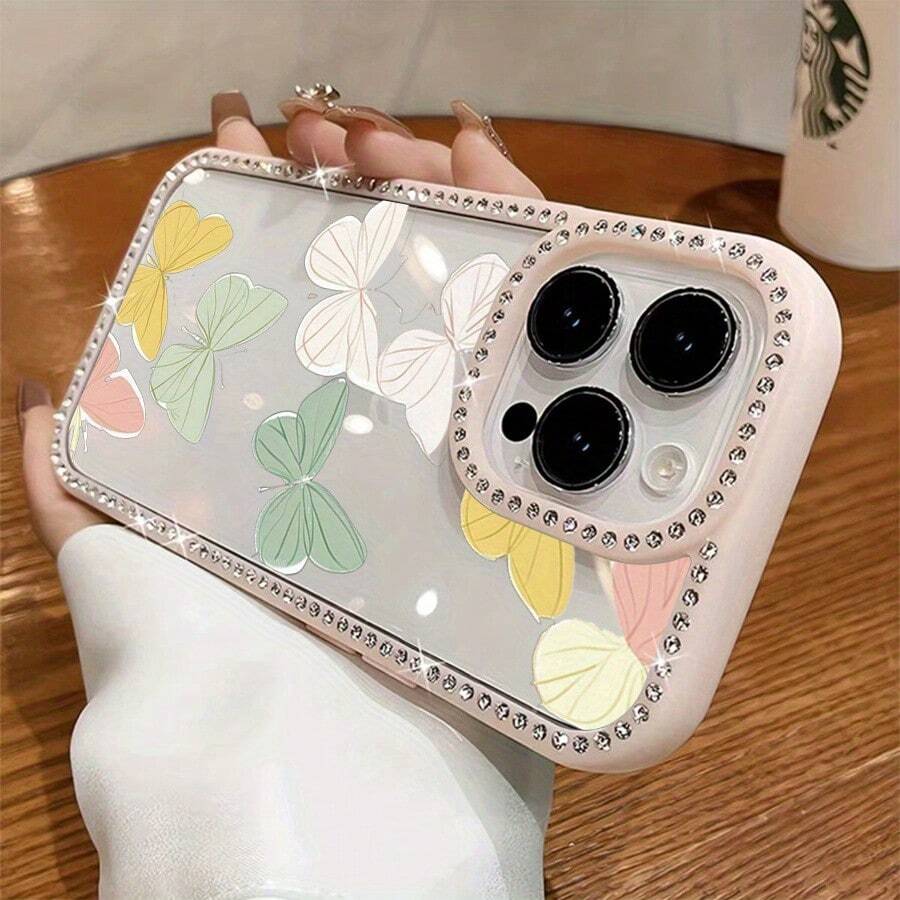 Funda para teléfono 1 unidad, diseño de mariposas pastel, estampado artístico, con purpurina, doble cara | Funda brillante 11/12/13/14/15/16 con pegatinas de joyas |/ Regalos de cumpleaños - Rosa - Ver 1