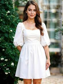 Vestido Corto de Escote Cuadrado con Manga Abullonada Casual para Mujer - Blanco - Ver 3