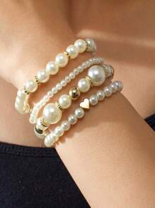 Set de 4 piezas de joyería con pulsera de cuentas y colgante con forma de corazón de perlas falsas, adecuado para niños, niñas, uso diario, festivales y fiestas