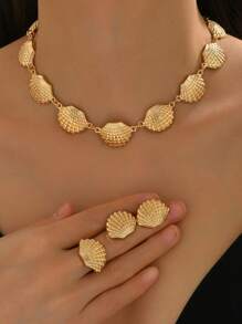 1 Set de Joyas con Colgante, Aretes y Anillo con Diseño Minimalista de Concha Marina, Regalo de Accesorios con Temática Oceánica para Vacaciones/Citas para Mujeres