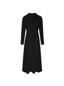 Women's Long Dress With Lapel - Elegant Long Sleeve In Solid Color - 黑色 - 查看 4