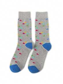 1双男士卡通鱼纹中筒袜，鱼类爱好者的必备单品！适合日常休闲的袜子，透气防臭，舒适柔软有弹性，是派对和社交活动的完美礼物，四季皆宜，男女通用 - 彩色 - 查看 1