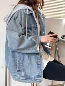 New Women's Retro Vintage Loose Hooded Denim Jacket, Single Breasted Flip Pocket Hooded Sweatshirt, Suitable For Autumn - 藍色 - 查看 4