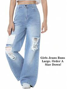 EXARUS Girls Jeans Baggy Pants Wide Leg/Flare/Skinny Denim Ripped High Waisted Teen Clothes Casual Kids 6-14Y - 闊腳藍5號色 - 查看 2