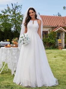 Elasola 精致露肩网纱贴花婚纱 白色连衣裙 适合夏季花园婚礼 新娘礼服 优雅