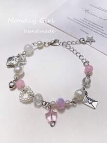 1 件天然珍珠粉红星、心形和草莓信封吊坠手链，女士日常派对情人节情侣礼物 - 粉色 - 查看 2