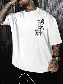 Camisa de manga corta de estilo urbano y moderno 2026, de corte holgado y cuello redondo, con estampado gráfico de espada y cereza para hombre, color negro. - A - Ver 3