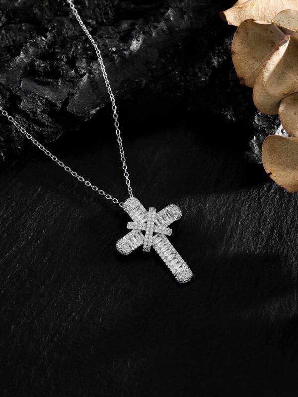 1pc Men's Rhinestone Cross Pendant Punk Vintage Necklace, Suitable For Everyday Wear, Party And Banquet