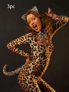 3pcs Cute Cheetah Costume Accessories Set - Includes Cat Ear Headband, Tail, And Bowknot, Suitable For Carnival, Masquerade, And Parties.