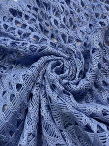 女士亮蓝色沙滩连衣裙，波西米亚性感镂空露背长袖钩针罩衫连衣裙，春夏款 - 藍色 - 查看 9