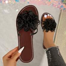 女式平底凉鞋雏菊度假 PU 皮革交叉荷叶边装饰轻便舒适夏季沙滩鞋