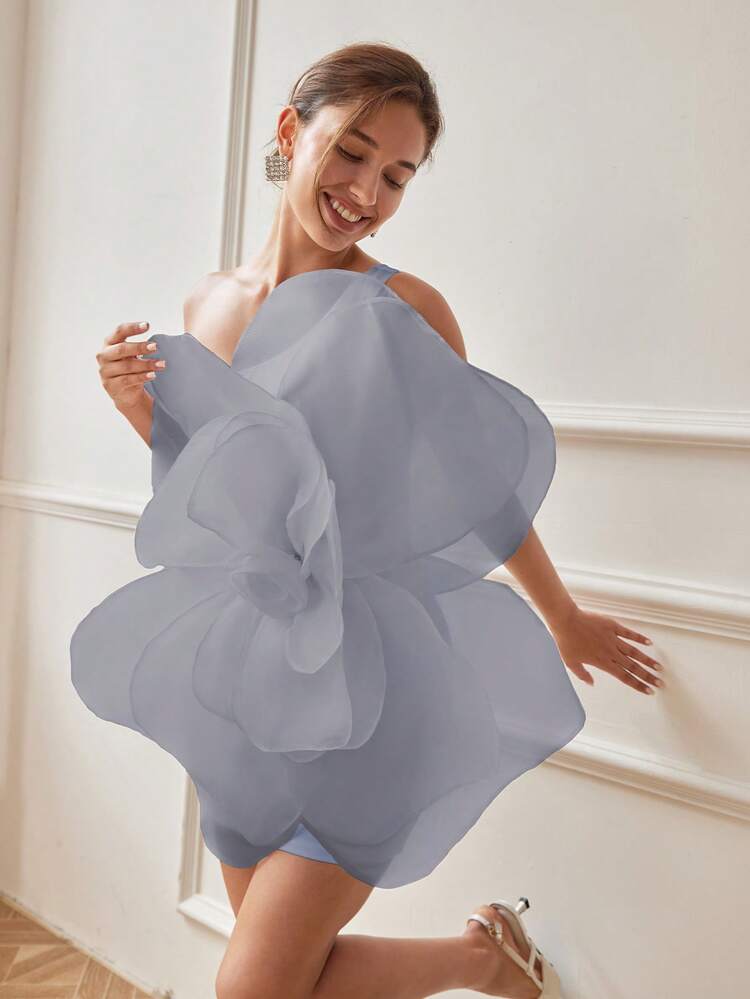 Women's White 3D Rose Floral Ambience Formal Dress, One-Shoulder Backless, Bold & Avant-Garde, Suitable For Evenings, Spring/Summer - Gray Blue - View 3