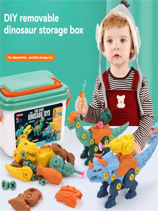 Kids Dinosaur Launcher DIY Assembly Dinosaur Puzzle Storage Box Toy Set, Fun & Educational Hand-Eye Coordination Dinosaur Puzzle, Portable Storage Box For Indoor & Outdoor Play, Interactive Gift For Boys & Girls, Birthday, Back To School, Random Accessory Style & Packaging Sticker Color