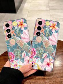 1个时尚海洋元素与花卉图案软手机壳，兼容、荣耀、红米、三星Galaxy A04e/12/A13/A14/A34/A50/A52/A53/A54/S21/S22/S23/S24/S25/S25 Ultra、6A/7A/8A、12T/13T，国际版，非国内版 - 無色 - 查看 2