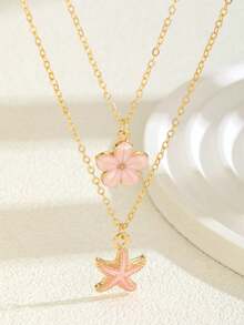 2pcs/Set Delicate & Fashionable Sweet 5-Petal Flower & Starfish Pendant Necklace, Suitable For Girls Wear To Beach, Party, Travel, Daily Occasions In Summer - Multicolor - View 7