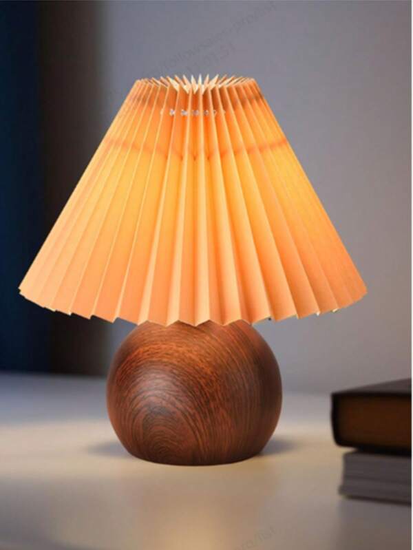 1pc Modern Dark Wood-Grain Spherical Pleated Decorative Table Lamp With Coffee Lamp Shade, Suitable For Bedroom, Dining Room, Office, Living Room, Home Decor Lamp