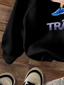 Young Boy Cartoon Pattern Warm Sweatshirt - Black - View 5