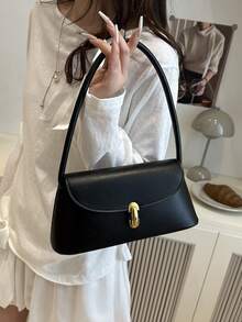 Bolso baguette de concha retro con decoración de cerradura de metal de cuero PU suave, bolso de hombro para mujer, nuevo bolso de mano para dama, bolso cuadrado pequeño - Negro - Ver 4