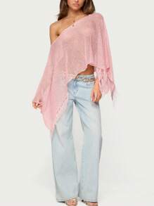Women Sheer Knit Poncho Top One Shoulder Lightweight Knit Shrug Bolero Solid Color Tassel Bat Sleeve Crochet Crop Sweater Top Sheer Mesh Knit Poncho Asymmetric Off Shoulder See-Through Knit Sweater Beach Cover Ups - 粉色 - 查看 2