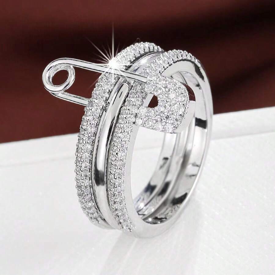1pc Unique Single Needle Set Triple Loop Design Cubic Zirconia Inlaid Women's Ring