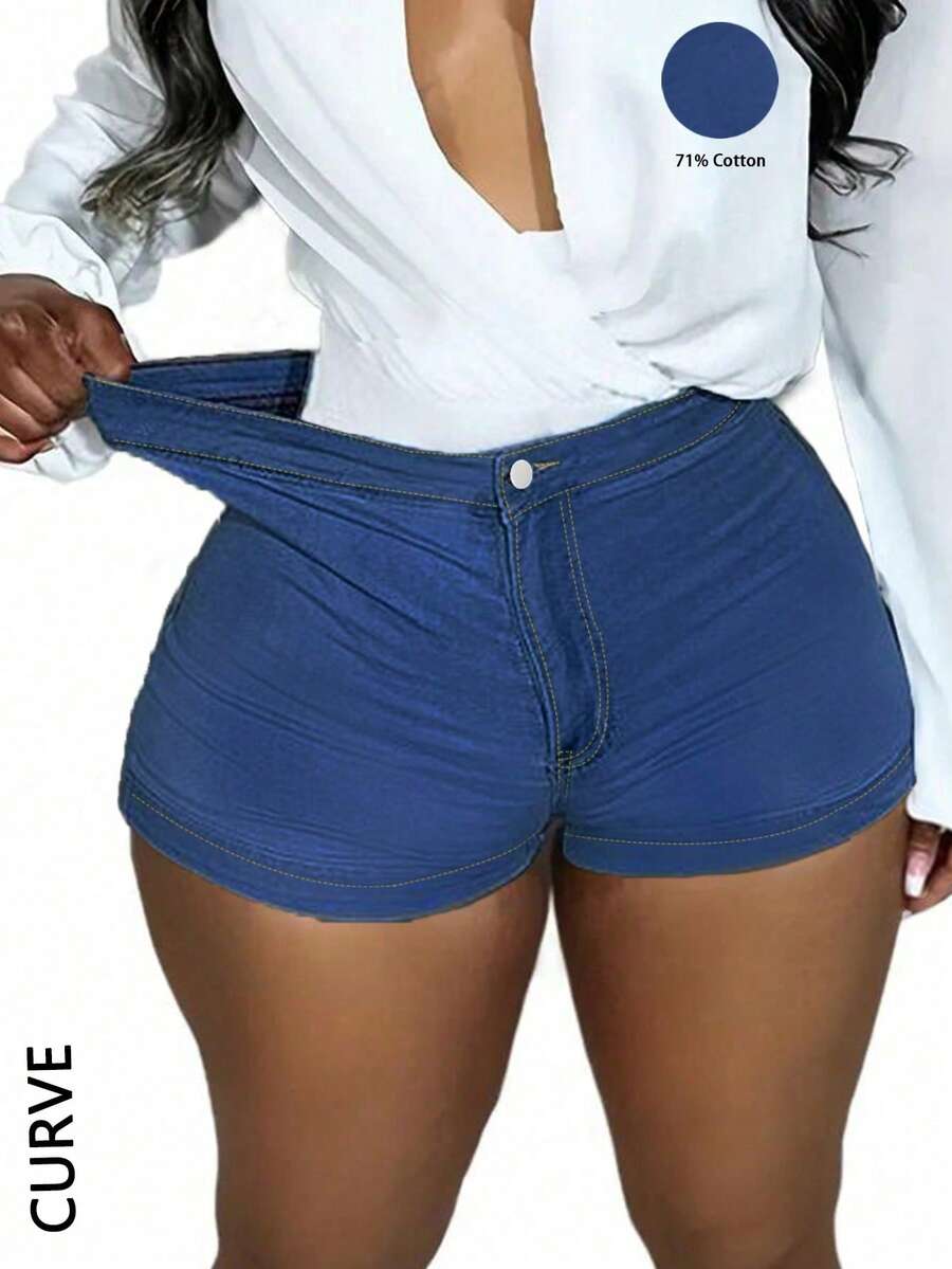 Plus Size Women's High Waisted Elastic Tight Denim Shorts - Classic Button Closure Design, Slimming And Slimming, Fashionable And Versatile, Suitable For Various Occasions - 深色水洗藍 - 查看 1