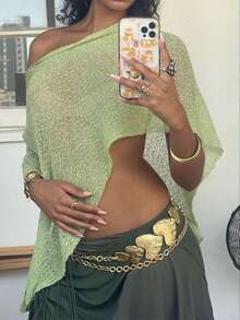 Women Sheer Mesh Knit Sweater Tops Y2K Irregular Summer Loose Pullover Jumper Shirt Beach Cover Ups - màu xanh lá - Xem 1