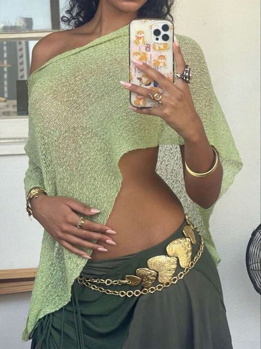 Women Sheer Mesh Knit Sweater Tops Y2K Irregular Summer Loose Pullover Jumper Shirt Beach Cover Ups - màu xanh lá - Xem 1